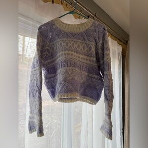 Lush Lavender and Cream Patterned Crewneck Sweater Medium w/ Flare Sleeves
